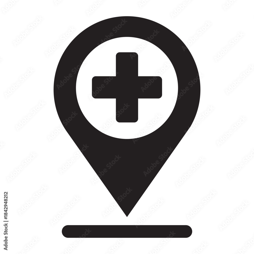 Obraz premium Black medical cross location pin icon symbols for hospital clinic pharmacy healthcare emergency map navigation