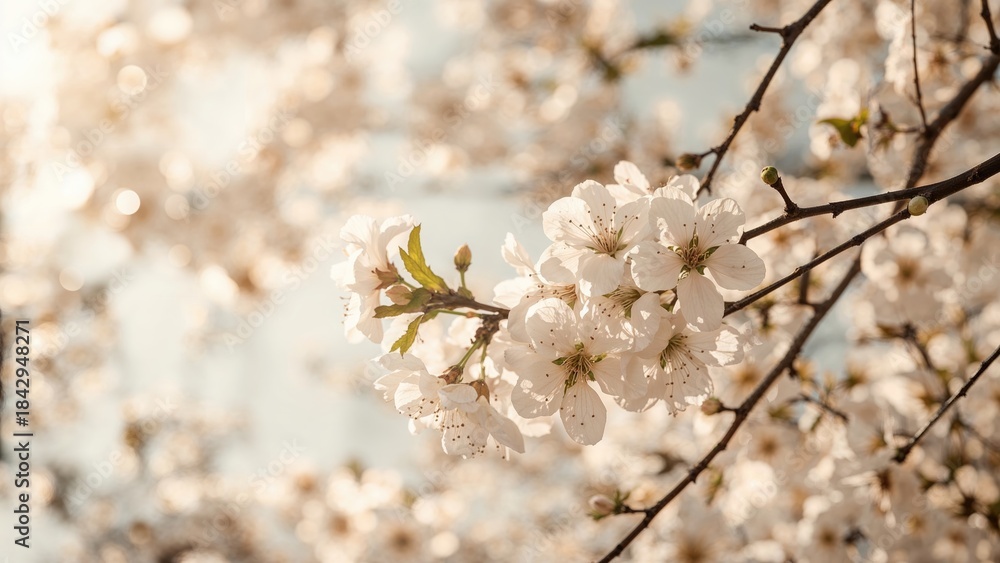 Naklejka premium Cherry blossom branches with white flowers in bloom during springtime.