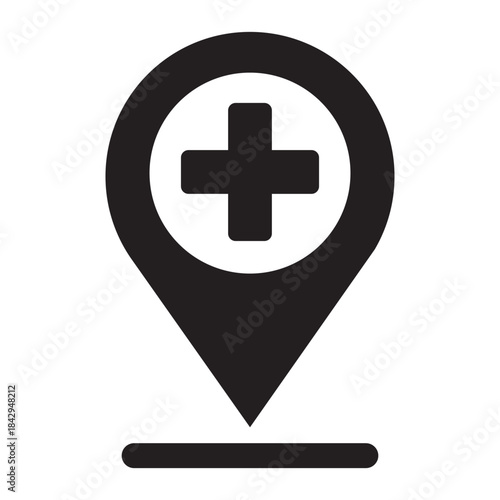 Black medical cross location pin icon symbols for hospital clinic pharmacy healthcare emergency map navigation