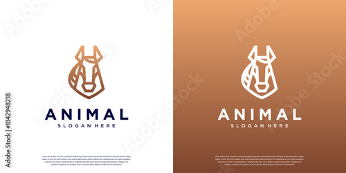 logo with line art, horse head shape, symbol of strength and luxury, premium product, vector graphic template.