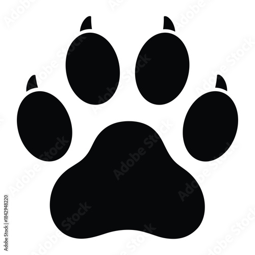 Black paw print silhouette of a dog or wolf on white background