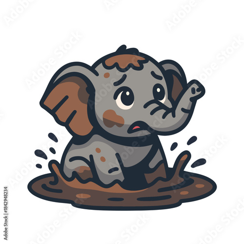 Playful Baby Elephant Splashing in Mud – Cute Vector Illustration with Lush Green Jungle Backdrop
