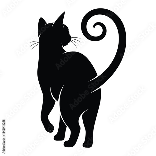 Elegant black cat silhouette with a curled tail silhouette