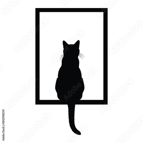 Black cat silhouette sitting in a window frame looking out silhouette