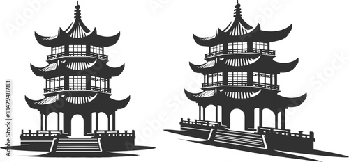 Traditional Asian Pagoda Architectural Silhouettes