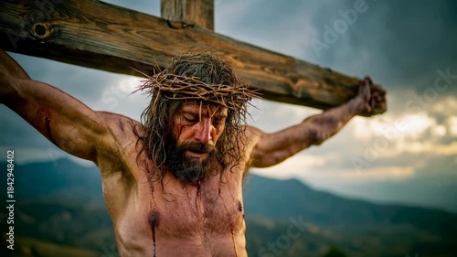 Bearded Jesus carries heavy wooden cross across rugged landscape under dramatic sky evoking passion story christian sacrifice and intense emotion