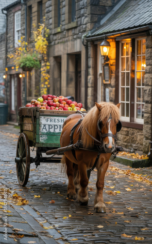 Brown pony pulls wooden cart full of fresh red apples down a wet cobblestone street in autumn