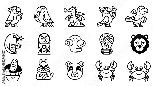Collection of various cartoon animals and creatures in a line art style