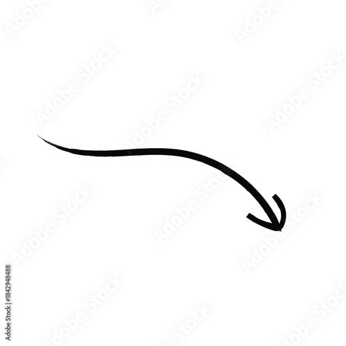 A simple, black hand-drawn curved arrow pointing downward against a white background. Vector