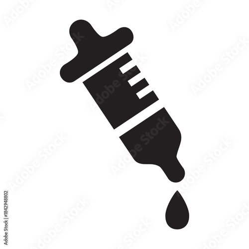 Black dropper pipette icon with falling liquid drop for precise medical science lab analysis healthcare fluid