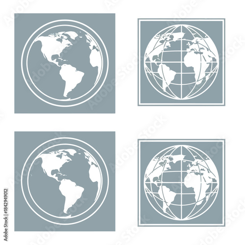 Vector illustration of four grey square icons of the earth with white grid lines and borders on