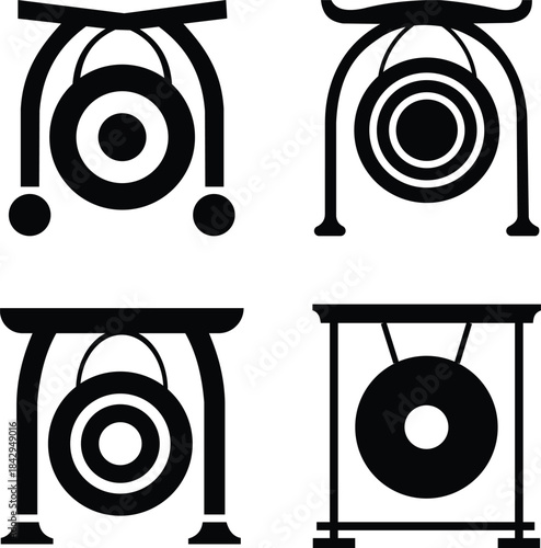 Set of gong icons in black silhouette