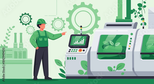Green factory worker inspecting sustainable agricultural technology and growth charts on a machine