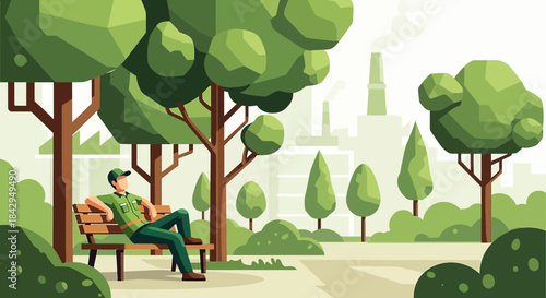 Green park resting spot with factory backdrop conveying nature and industry themes