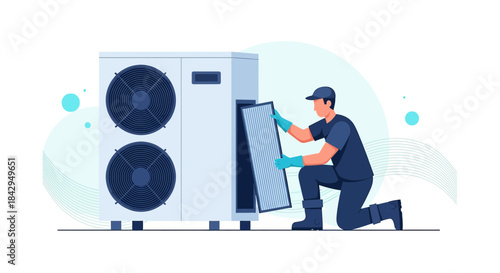 HVAC system maintenance illustration with technician replacing the air filter for optimal