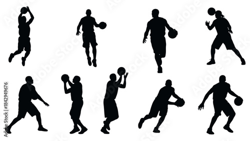Basketball Player Silhouettes in Action: Capturing the dynamic silhouettes of basketball players, frozen in various stages of a game, conveying power, agility, and the thrill of the sport.