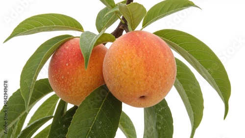 Fototapeta Naklejka Na Ścianę i Meble -  Peach fruits on a tree branch with green leaves.