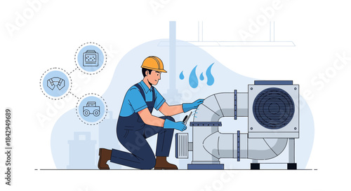 HVAC Technician Inspecting an Industrial Air Conditioning Unit for Leaks and Repairs