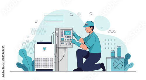 HVAC technician calibrating and maintaining air filtration system controls for improved performance