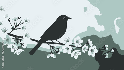Serene Silhouette: A delicate artwork presents a graceful silhouette of a bird perched serenely upon a blossoming branch, against the backdrop of a tranquil landscape.