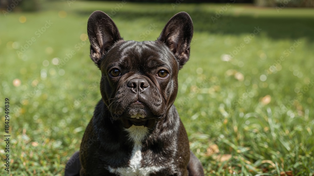Fototapeta premium French Bulldog puppy sitting outdoors on grass with blurred background.