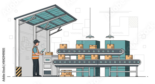 Illustrated automated warehouse conveyor system with worker for logistic operations and product