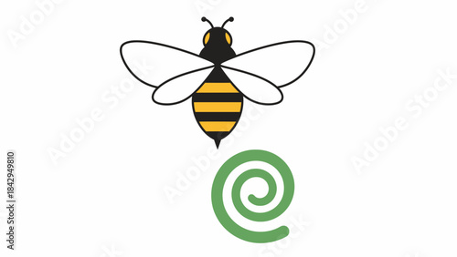 Bee and Swirl: A friendly bee hovers gracefully above a vibrant green spiral. This minimalist design suggests notions of growth and nature.