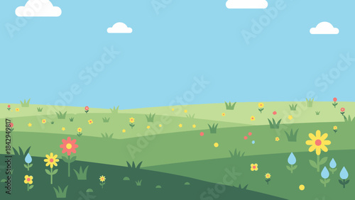 Spring Meadow: A vibrant spring meadow bursts with colorful flowers under a bright blue sky dotted with fluffy clouds, invoking feelings of freshness and renewal.