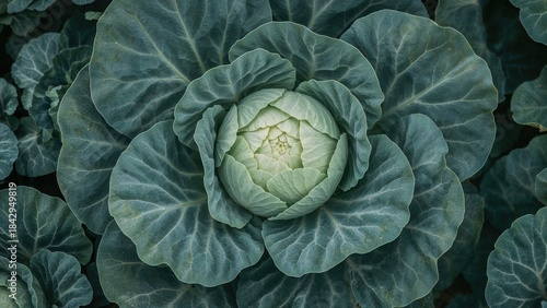 Close-up of a cabbage plant with large leaves and a central head, showing lush green foliage.