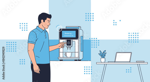 Illustrated office scene with man using coffee machine while working remotely at home