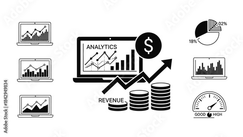 Financial Analysis Icon: An engaging visual representation, featuring computer laptops, pie charts and coin stacks to showcase the elements of business analytics and growth. 