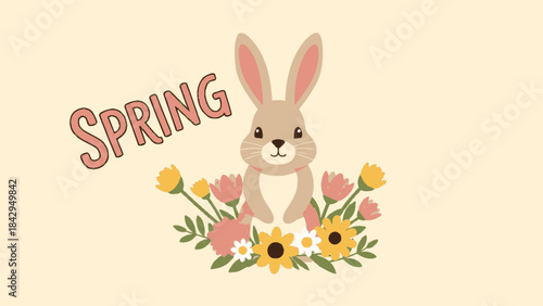 A charming illustration of a cute bunny surrounded by colorful spring flowers with the word "SPRING" on a light background.