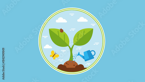 Nurturing Life's Growth: A charming illustration depicts the process of nurturing growth, as a vibrant plant with lush leaves flourishes within a circular frame, symbolizing life's journey