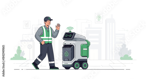 Illustrated Scene: Modern Worker Interacting with a Smart Delivery Robot in Urban Setting