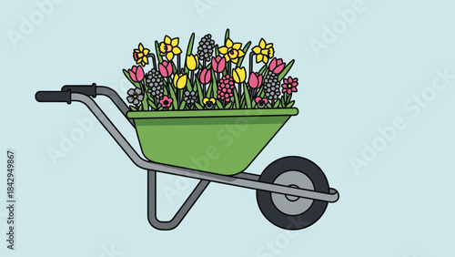 Wheelbarrow Blooming: A vivid wheelbarrow overflowing with a vibrant medley of colorful blooms, showcasing a perfect example of springtime gardening.