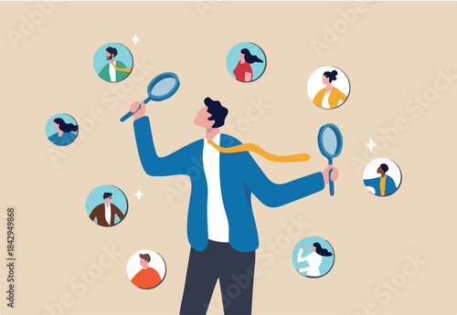 Recruitment finding candidate for job applicant, human resources HR analyze or scan candidate winner, search new people for job opportunity concept, HR recruiter magnifying glass analyze candidate.