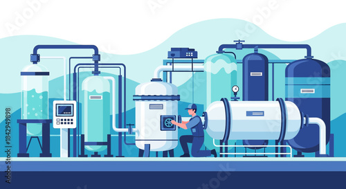 Illustrated water purification plant showcases engineer operating equipment in a clean facility
