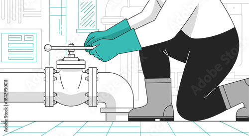 Illustration depicting a maintenance worker with protective gear adjusting a valve in an