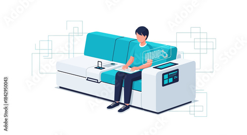 Illustration depicting a man interacting with futuristic technology integrated into furniture