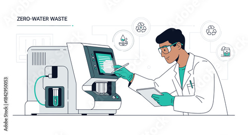 Illustration depicting a scientist utilizing advanced technology in a zero-water waste system