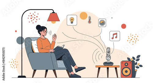 Illustration depicting a woman using voice commands to control her smart home features relaxing in