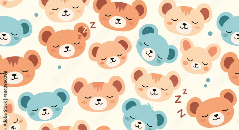 Fototapeta premium Adorable and calming seamless pattern featuring numerous cute cartoon sleeping bear faces in gentle blue and brown hues, perfect for nursery decor.