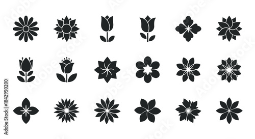 Diverse collection of elegant black silhouette flower icons, each uniquely designed, representing various floral shapes and botanical elements.