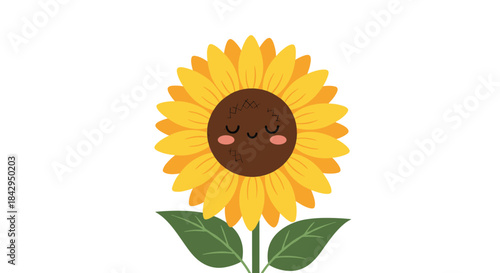 Vibrant and cheerful cartoon sunflower with a delightful closed-eye smiling face, featuring a green stem and leaves, on a white background.