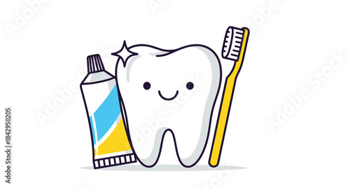 Adorable and cheerful cartoon tooth shining brightly, accompanied by a happy toothbrush and a tube of toothpaste, promoting dental hygiene.
