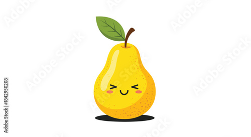 Delightful and cheerful cartoon yellow pear, adorned with an adorable winking face and a fresh green leaf, against a clean white background.