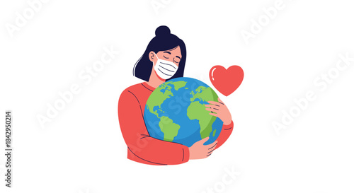 Compassionate young woman wearing a protective face mask, gently embracing the Earth with heartfelt love and care, accompanied by a big red heart.