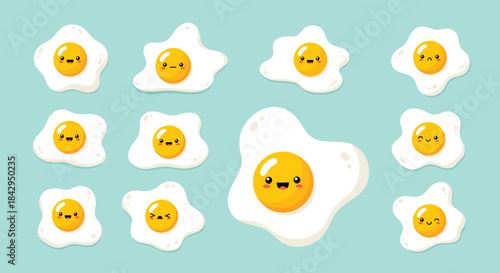 Humorous and engaging collection of cartoon fried eggs, each adorned with distinct and funny facial expressions, on a light blue background.