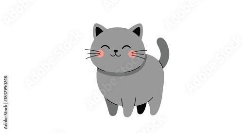Adorable and charming cartoon grey cat, standing happily with a sweet smile and rosy cheeks, against a clean white background.