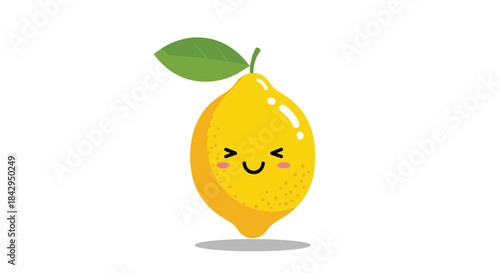 Refreshing and cheerful cartoon lemon, adorned with an adorable winking face and a fresh green leaf, against a clean white background.